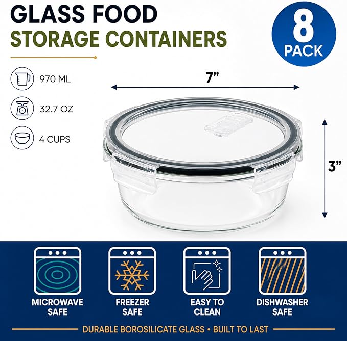 Sorbus Glass Meal Prep Containers Set, 8 Pack Round Borosilicate Glass Containers 32.7oz / 970ml, Airtight Vented Lids, Leakproof, BPA Free, Oven Microwave Freezer Dishwasher Safe, Stackable, 7x3 in