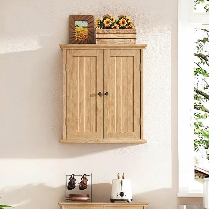 ChooChoo Bathroom Wall Cabinet, Over The Toilet Space Saver Storage Cabinet, Medicine Cabinet with 2 Door and Adjustable Shelves, Cupboard, Natural
