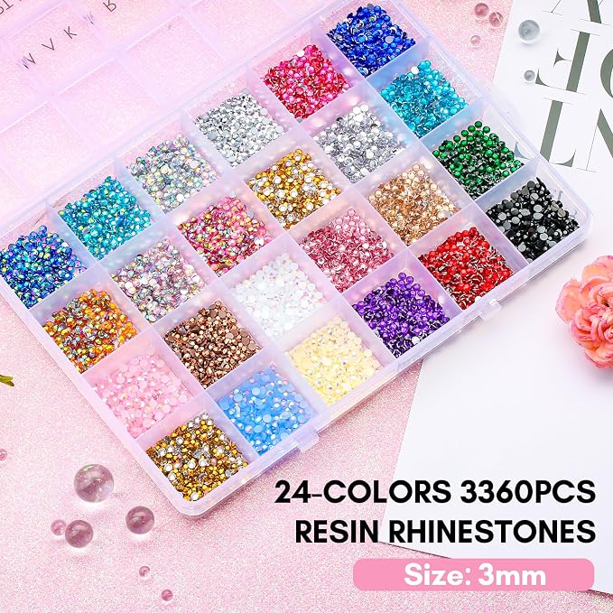 Makartt Nail Rhinestone Glue Kit: 15ml Strong Gems Adhesive Gel with 3360pcs 24 Colors Flatback Crystals Rhinestones for 3D Nails Art, Includes Tweezer, Home & Salon Manicure Kit