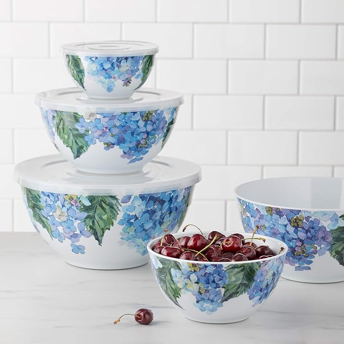 Amazon Basics Mixing Bowls with Lids, Nesting Melamine Serving Bowls, Non-Slip Base, BPA Free, Dishwasher Safe, 5 Sizes, Hydrangea Floral, Set of 10