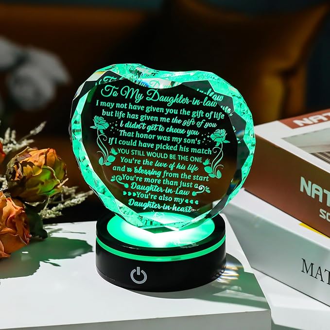 Arikyrist Crystal Heart Gifts for Daughter in Law from Mother in Law with LED Light Base on Wedding Birthday Mother's Day, to My Bonus Daughter Gift Idea Unique Keepsake