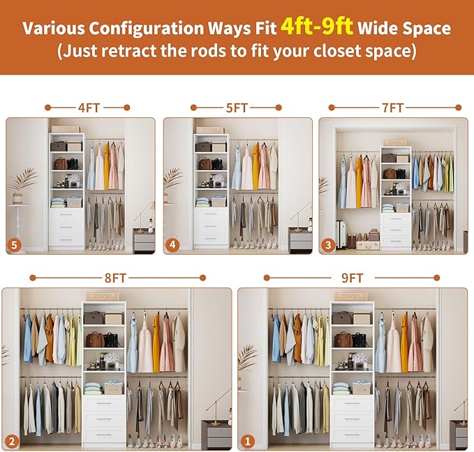 Fastgo Closet System with Drawers, 5-9FT Closet Organizer System with 4 Expandable Rods & Adjustable Shelves for Walk in Closet, 96” Built in Closet System Tower, Small Closet Storage System, White
