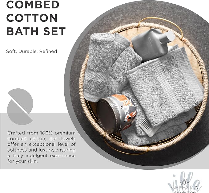 Villa Celestia 12-Piece 100% Cotton Towel Set, 4 Bath Towels, 4 Hand Towels, 4 Wash Cloth, Quick-Dry, Silver