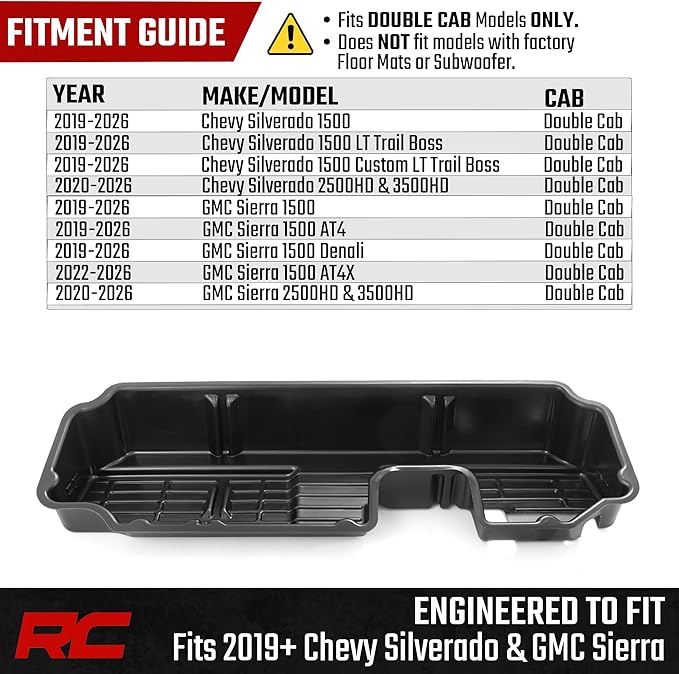 Rough Country Under Seat Storage for Chevy Silverado & GMC Sierra 1500/2500HD/3500HD Double Cab (2019-2026) - Custom Rear Under Seat Organizer Tray Without Lid