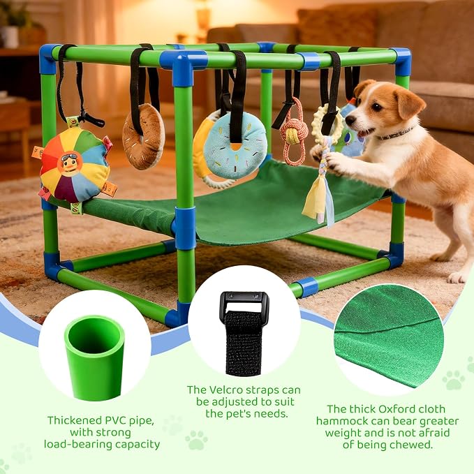 Puppy Play Gym with Hammock 8 Hanging Toys, Dog Jungle Gym Indoor Pets Cats Toys, Teething Chew Toys Puppy Gym Activities Center for Cats Adjustable Playground for Small Dogs at Home PVC Frame