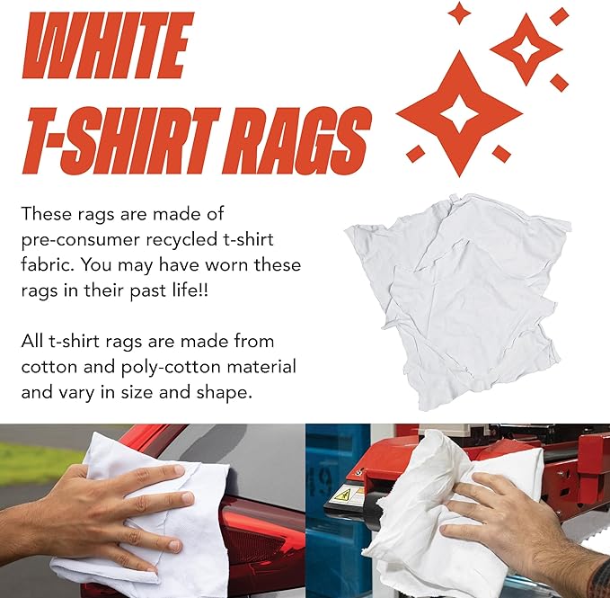 Arkwright Tshirt Box of Rags - 10 lb Box - Low Lint, Streak-Free Multipurpose Professional Cotton Cleaning Cloths for Stain, Paint, Wood, and Grease, White