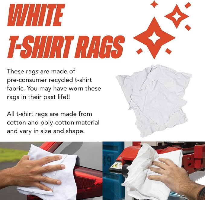 Arkwright T-Shirt Rags Bulk, 25 lb Box, Cotton Cleaning Towels, Low Lint Knit Wiping Cloths for Paint, Stain, Grease, Shop and Auto Use, Absorbent Machine Washable, White