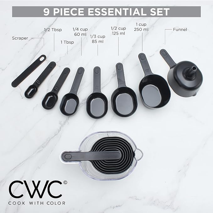 COOK WITH COLOR Measuring Cup Set - 9 PC. Nesting Stackable Liquid Measure Cup, Dry Measuring Cups and Spoons with Funnel and Scraper (Black)
