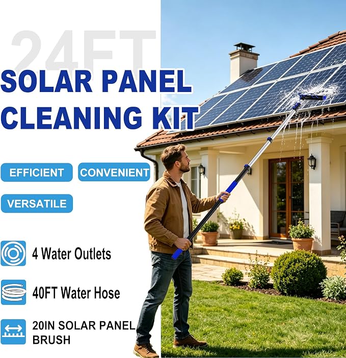 Buyplus 30FT Reach Solar Panel Cleaning Brush Kit with 5-24FT Telescoping Pole, Water Fed Window Cleaner Tool with 20" Brush, Soap Dispenser, Cobweb Duster, Squeegee for Roof, RV, Gutter, Deck, Blue