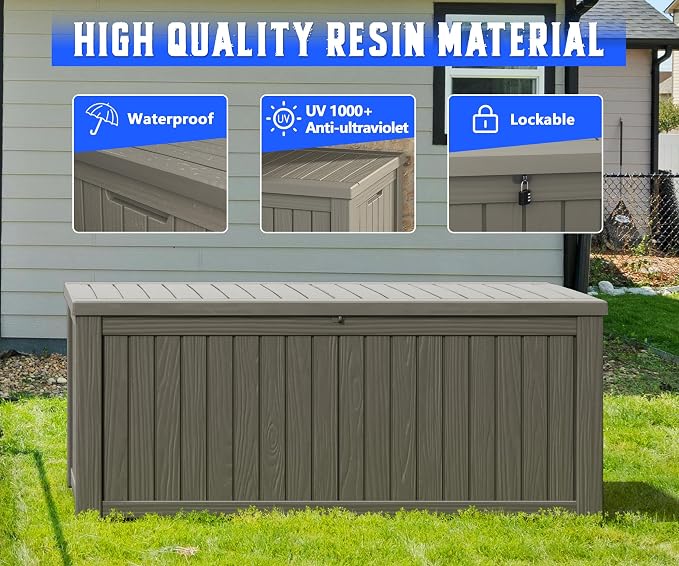 150 Gal Deck Box,Outdoor Storage Box Waterproof Lockable,Gas Lift,Grey | Large Resin Deck Box, UV-resistant all-weather, lockable storage for patio furniture, garden tools, pool accessories, black