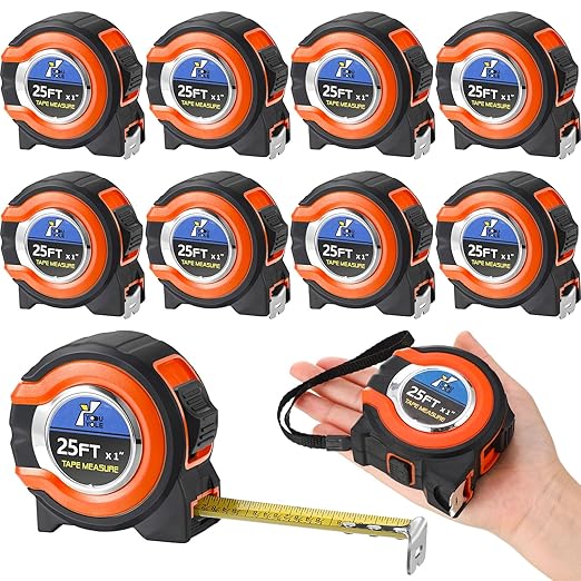 Youyole 10 Pack Tape Measure with Fractions 1/8 Steel Measuring Tape Retractable Easy Read Measurement Ruler Steel Power Blade (25 ft X 1 in,Orange)