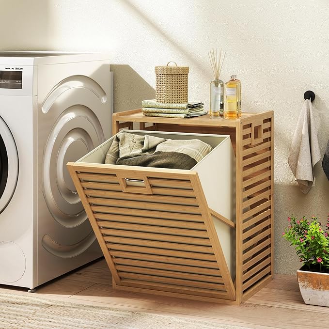 Giantex Bamboo Tilt Out Laundry Hamper with Removable & Foldable Fabric Bin | Laundry Storage Cabinet, Laundry Basket Organizer for Bathroom, Laundry Room, Living Room, Bedroom, Natural