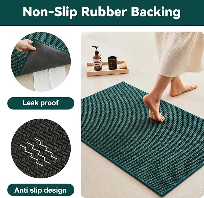 Triohero Large Bathroom Rugs Non Slip Washable Bath Rugs Super Absorbent Bathroom Rug Thin Quick Dry Low Pile Bath Mats, Dark Green 36"x48"