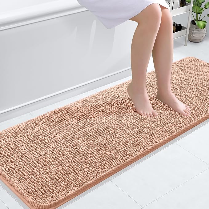 OLANLY Bathroom Runner Rugs 59x20, Extra Soft Absorbent Chenille Bath Rugs, Rubber Backing Quick Dry, Machine Washable Long Bath Mats for Bathroom Floor, Tub and Shower, Home Decor Accessories, Peach