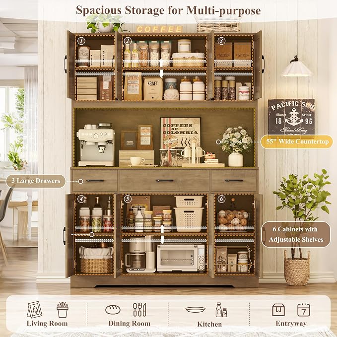 HOSTACK 71" Tall Kitchen Pantry Storage Cabinet, 55" W Kitchen Hutch, Brown | Large Pantry Cabinet with Charging Station / Countertop / 3 Drawers, Farmhouse Hutch Cabinet with Storage for Dining Room
