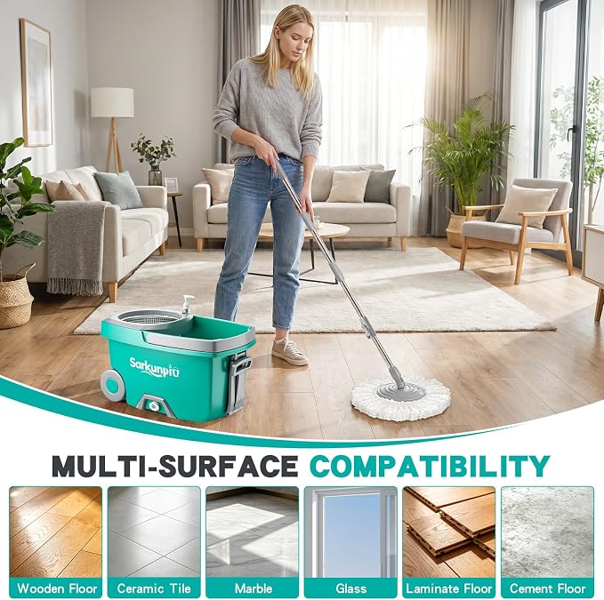 Mop and Bucket Set with 6 Replacement Microfiber Heads, Blue | Spin mop with wringer, 61-inch extra-long handle, spinning mopping floor cleaning system for home floor