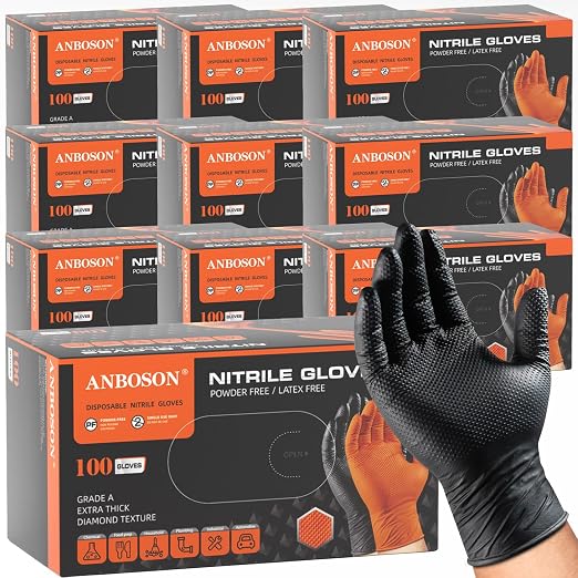 ANBOSON 10 Mil Heavy Duty Mechanic Nitrile Gloves, Black Large 1000 Count | Diamond Grip, Latex Free Disposable Chemical Resistant Rubber Gloves for Industrial,Workshops, Auto Repair,Janitorial,Food