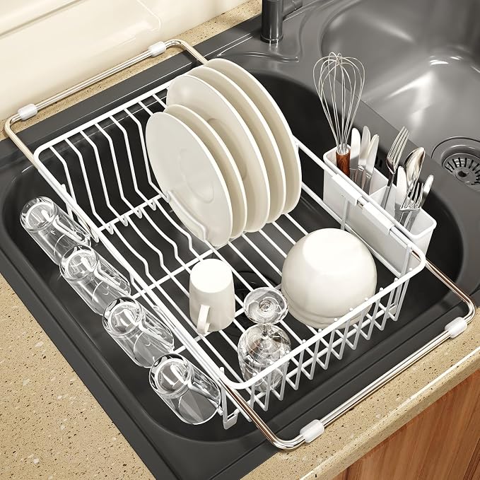 White Dish Drying Rack Over The Sink with Utensil Holder | Expandable Stainless Steel Dish Drainer for Small Kitchen, Apartment, RV, Counter Space Saving, Perfect Fit, Rustproof