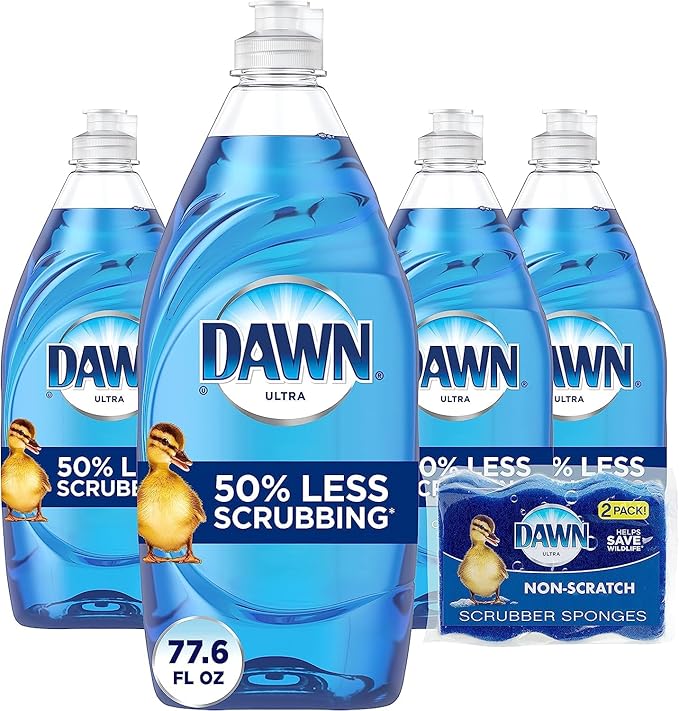 Dawn Ultra Dishwashing Liquid Dish Soap (4x19.4 Fl oz) + Non-Scratch Sponge (2 Count), Original Scent