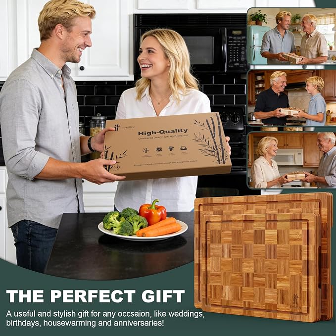 Extra Large Bamboo Cutting Boards, 2-Pack Heavy Duty Bamboo Cutting Boards Set with Juice Grooves & Non-Slip Feet – Extra Large Thick Wood Chopping Board for Meat, Fruits & More, Non-Toxic & Durable