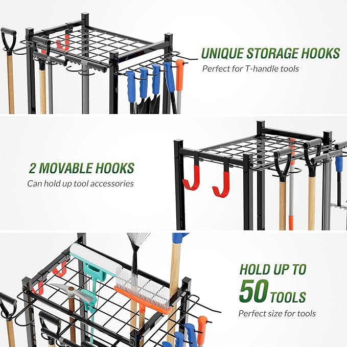 Sttoraboks Garden Tool Organizer Rack Up to 50 Tools, Heavy-Duty Steel Yard Tool Organizer for Garage Storage with 11 Hooks, Broom Holder & Garden Tool Rack for Shed, Patio, Outdoor Use, Black