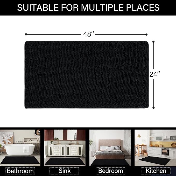 LOCHAS Luxury Bathroom Rug Shaggy Bath Mat 24 x 48 Inch, Black | Washable Non Slip Bath Rugs for Bathroom Shower, Soft Plush Chenille Absorbent Carpets
