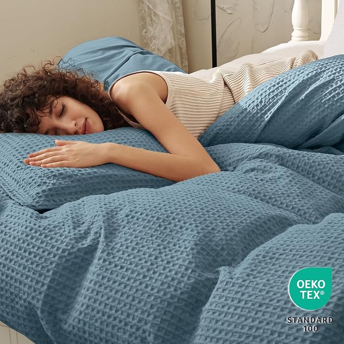 PHF Waffle Duvet Cover Set Queen Size, No Snagging Ultra Soft Luxury Textured Breathable Comforter Cover for All Season 3pcs, Durable Bedding Duvet Set with 2 Pillow Shams, 90"x90", Stormy Blue