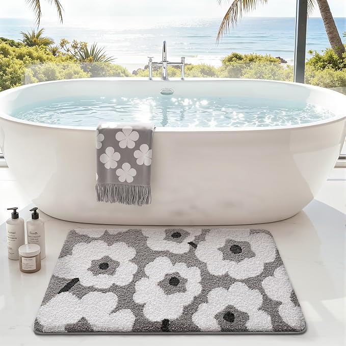 LUMI Bathroom Rugs Cute Floral Design, Soft Absorbent Microfiber Bath Mat Non-Slip, Machine Washable Quick Dry Grey Luxury Rug Flower for Floor, Bathtub, Home Decor, 24"x36"