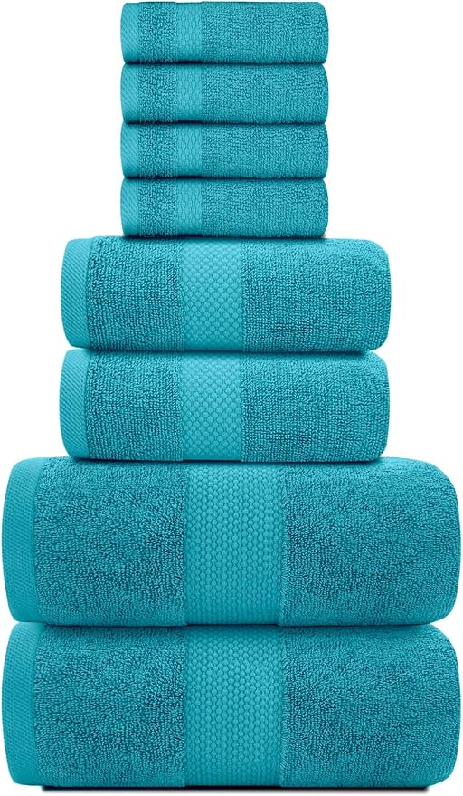 White Classic Luxury Bath Towel Set of 8 Pieces - 100% Turkish Cotton Highly Absorbent Towels for Bathroom, 2 Luxury Bath Towels 700GSM, 2 Hand Towels, 4 Washcloths, Aqua