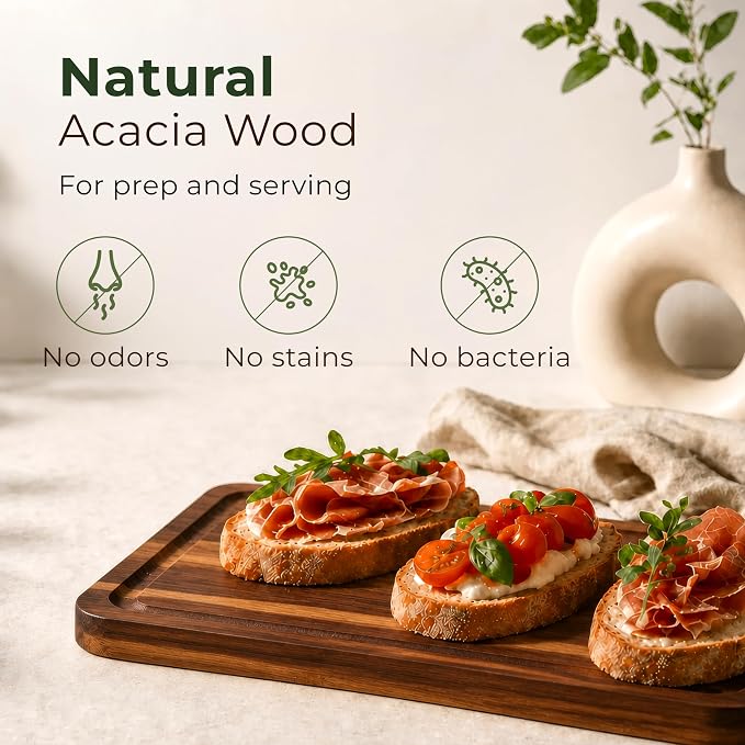 Acacia Wood Cutting Board Set of 3 with Holder & Juice Grooves | Built-in Handles, Durable – for Chopping, Food Prep & Serving as a Charcuterie Platter