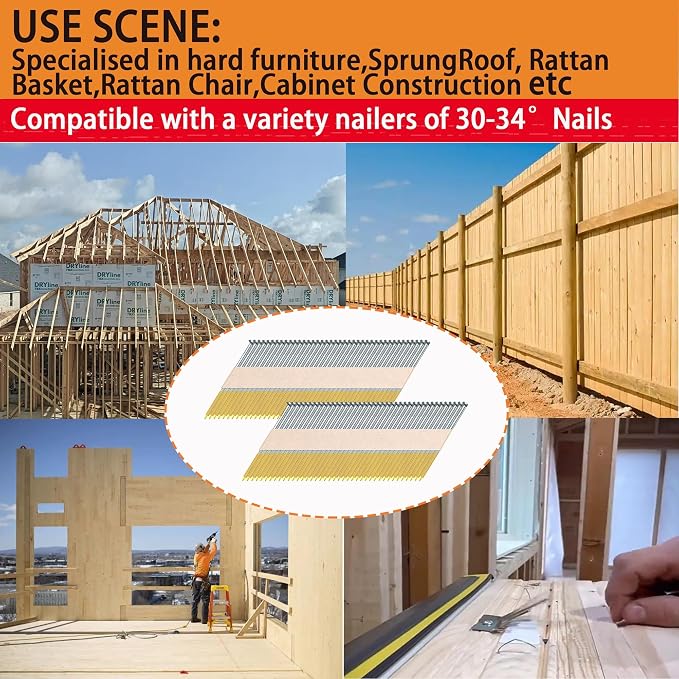 34°Framing Nails,Ring Shank,3-1/2":1000pcs | D Head Nail Pack,Hot Dipped Galvanized Paper Tape Strip Nails,for 30 to 34 Degree Framing Nailer