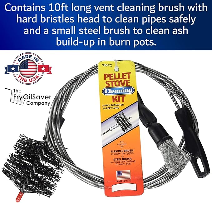 Pellet Stove & Dryer Vent Cleaner Kit – 4 inch Head and 10 ft Long Steel Flexible Brush for Fireplace Chimney, Ash, Lint & Soot Buildup Removal - Pellet Stove Cleaning Kit by FryOilSaver B67-4
