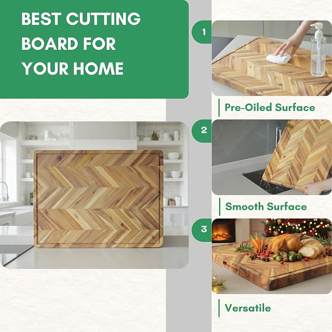 Herringbone Acacia Wood Cutting Boards for Kitchen, 1.5 in Thick Butcher Block Construction for Stability, 17 x 13 in Large Cutting Boards with Gift Box, Juice Groove and Handle