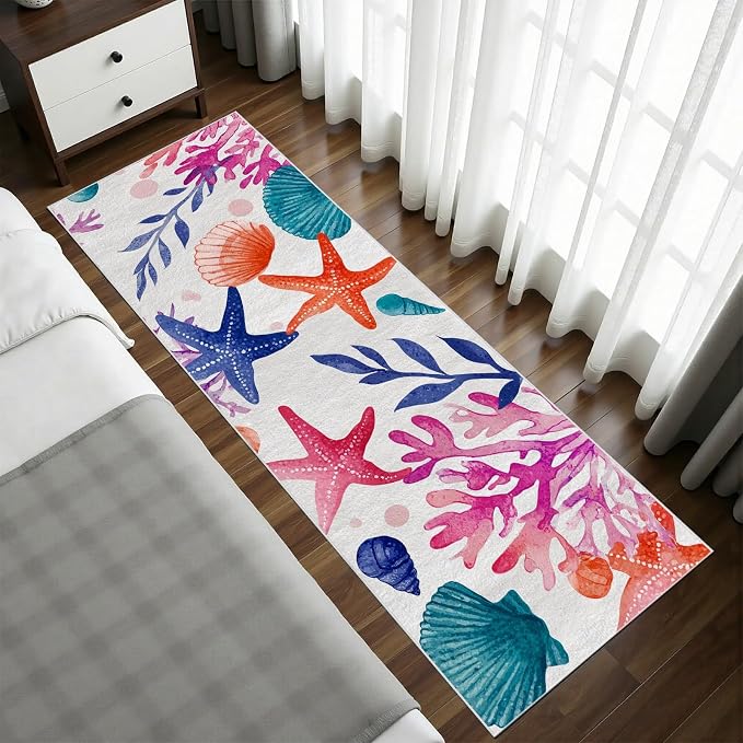 Coastal Seaside Washable Runner Rug 2.6x7 - Watercolor Ocean Entryway Rug, Ultra-Thin Kitchen Rugs, Starfish Scallop Coral Anti Slip Runner Rugs for Entrance Laundry Room Corridor Bedroom