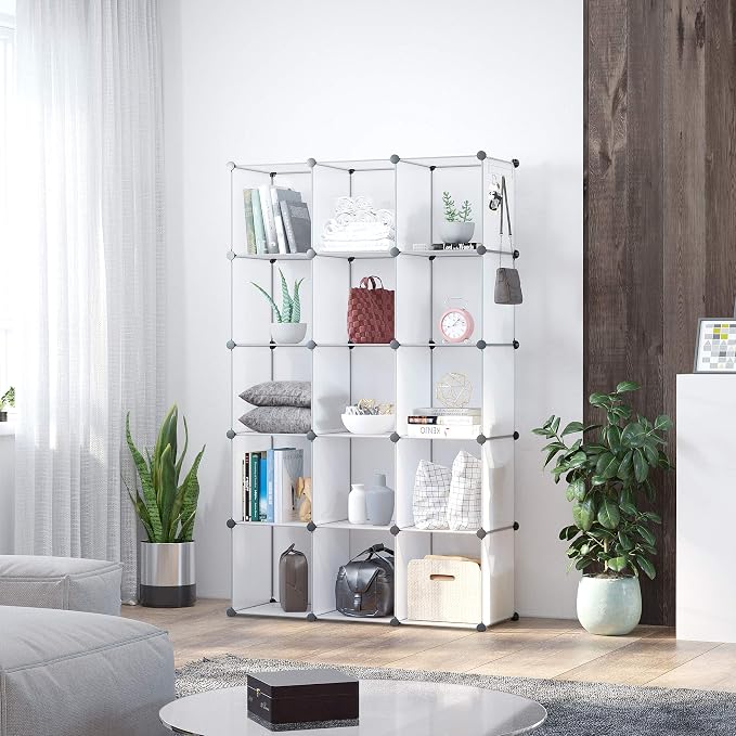 C&AHOME 16 Cube Storage Organizer Cube Shelves Units Storage Cubes, White | Plastic DIY Closet Organizer, Stackble Modular Closet Storage Shelves Ideal for Home, Bedroom, 48.4" L × 12.4" W × 48.4" H