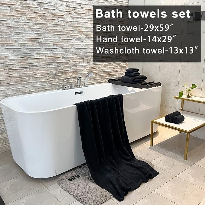 YTYC 29x59 Bath Towels Set,Towels for Bathroom,Black,6-Pieces | 2 Large Bath towels,2 Hand towels (14x29"),2 Washcloth (13x13"),Super Soft,Highly absorbent,Hanging Loop,80%Polyester