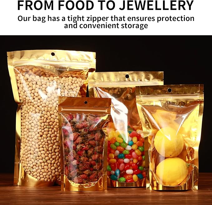 500 Pcs Mylar Bags for Food Storage 6x9 Mylar Bag with Window Stand Up Bulk Resealable Bags Smell Proof Bag Food Packaging for Small Business Freeze Dried Candy Jewelry Foil Packaging Gold