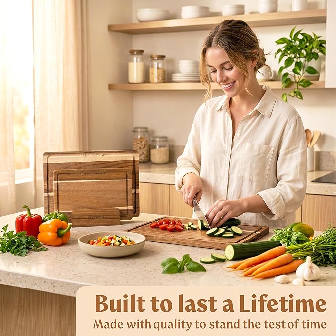 Acacia Wood Cutting Boards for Kitchen Set of 3, Double sided | Non toxic chopping boards: cut one side, serve on the other; FSC wooden, large kitchen boards for charcuterie
