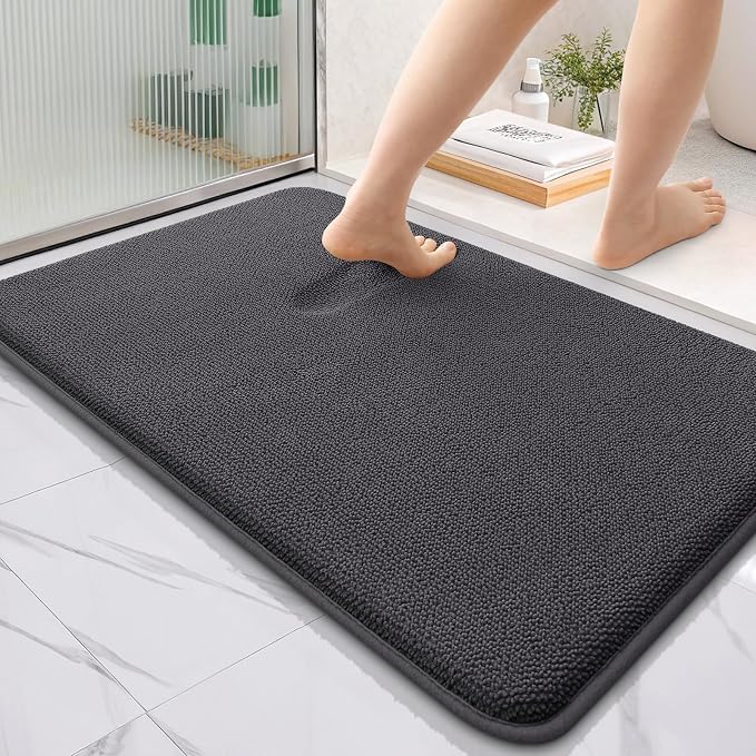 OLANLY Thick Memory Foam Bathroom Rugs 35x24, Absorbent Bath Mat, Dark Grey | Soft Quick Dry Bath Rugs Mats, Non-Slip, Machine Washable Carpet for Bathroom Floor, Tub and Shower, Home Decor Accessories