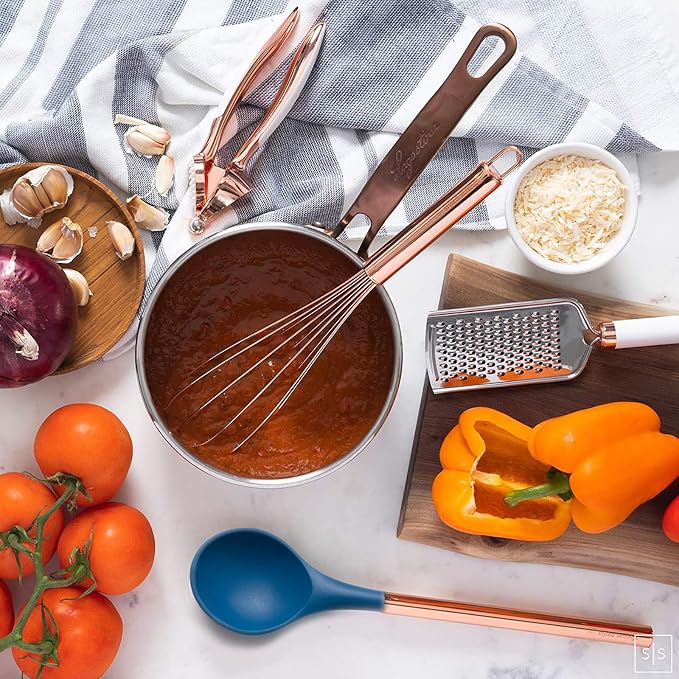 Copper and Blue Silicone Cooking Utensils Set - 17-Piece Set with Copper Utensil Holder and Measuring Cups and Spoons for Stylish Cooking and Baking - Blue Kitchen Decor, Unique Kitchen Gifts