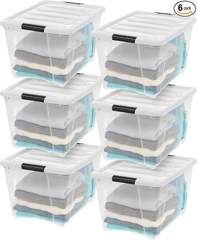 IRIS USA 6-Pack 54 Quart Stackable Storage Bins with Lids [Made in USA] - Everyday Organizer Latching Clear Plastic Organization Containers Closet Bedroom Shelving Units Home Storage - Clear/White