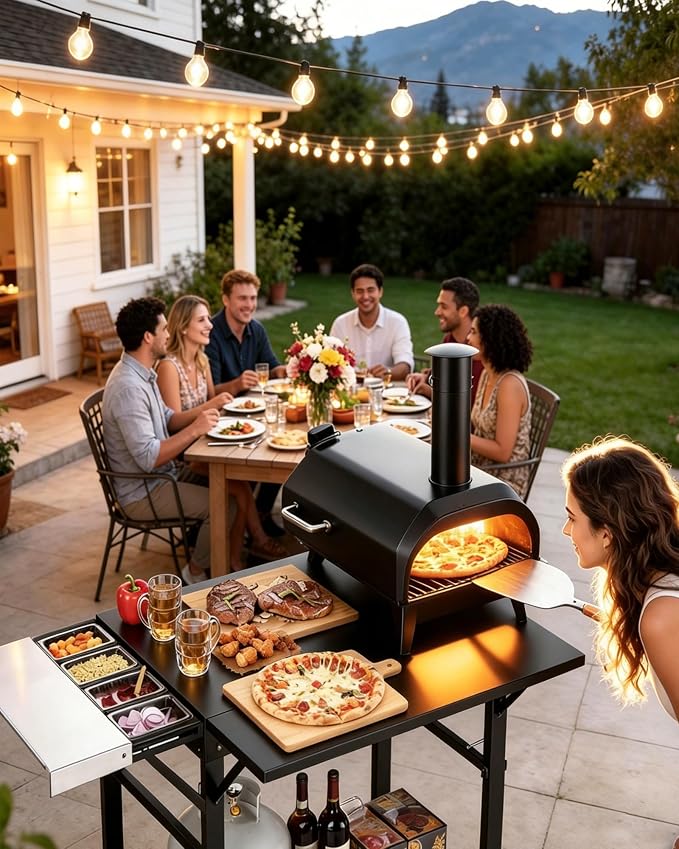 Pizza Oven Table, Grill Table for Ninja Pizza Oven, Pizza Oven Cart Fits Blackstone 17/22 Griddle, Koda 12/16, Cuisinart Gozney, Solo Stove,Outdoor Pizza Oven cart with Sliding Covered Storage Tray