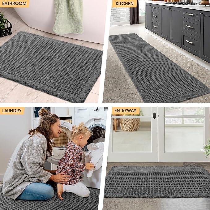IM HOME Waffle Bath Mat Grey 5'x2', Boho Woven Modern Bath Mat Rugs, Absorbent Non Slip Bathroom Rugs, Soft Washable Bath Rugs with Tassels for Bathroom, Bedroom, Kitchen, Shower, Tub