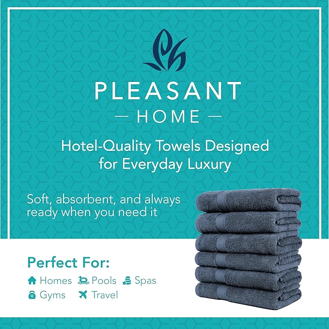 Pleasant Home Bath Towels Set of 6 (24” x 50”) 100% Cotton, 515 GSM | Lightweight, Soft & Highly Absorbent Luxury Towels for Bathroom | for Gym, Pool & Spa | 6 Pack, Navy