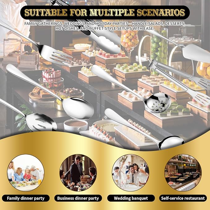 30 Piece Stainless Steel Serving Utensils Set - Buffet Serving Spoons Forks Tongs for BBQ, Parties, Catering, Weddings, Events - Silver