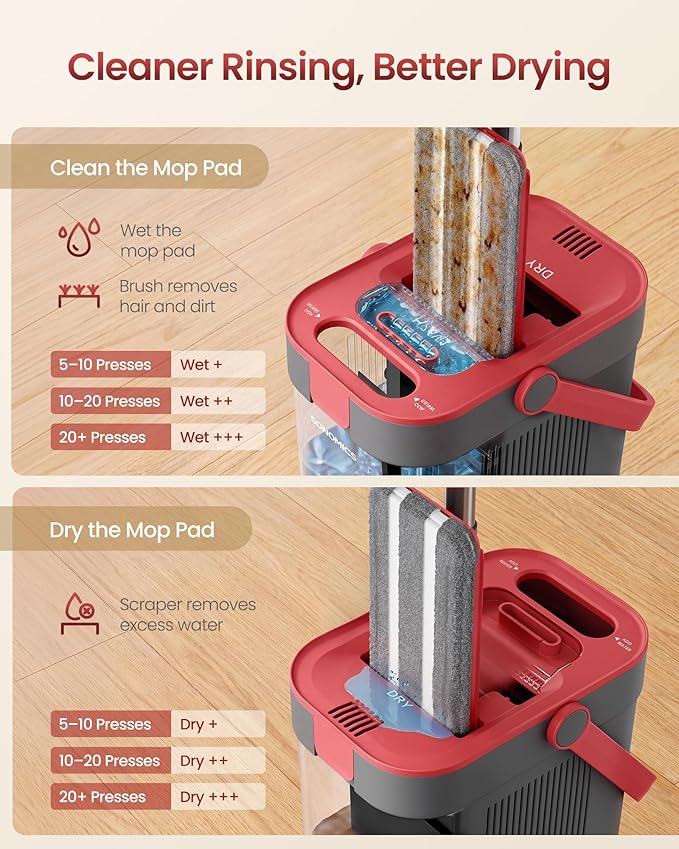 SONGMICS Mop and Bucket Set, Flat Mop with 3-Chamber Clean & Dirty Water Separation System, Wringer Bucket, 360° Rotating Head, 4 Microfiber Pads, Gray and Red ULMB001GT04