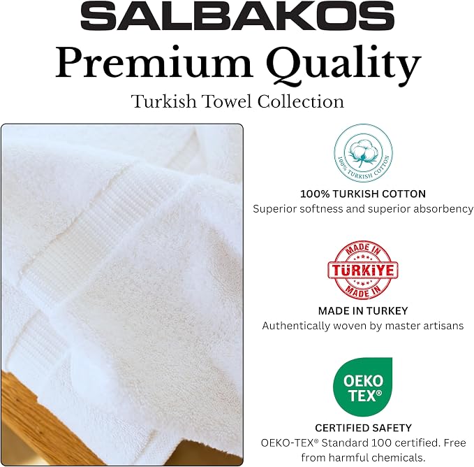 SALBAKOS 12-Piece 100% Turkish Cotton Washcloths and Face Towels, White | 13x13 in Standard Size Small Towel, Multi-use Bathroom & Kitchen, Thick Super Soft Absorbent Durable, Oeko-Tex Made in Turkey