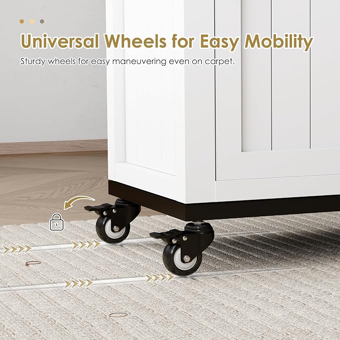 Rolling Ironing Board with Storage Cabinet, Folding Ironing Board, White | Small Ironing Board Cabinet with Wheels, Wooden Fold Down Ironing Station with Heat-Resistant Sponge for Small Space