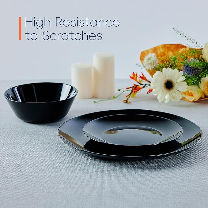 Dinnerware Sets for 4, 12 Piece Black Opal Glass Dish Set | Plates and bowls with dishwasher and microwave safe features, chip and scratch resistant dishware for everyday use