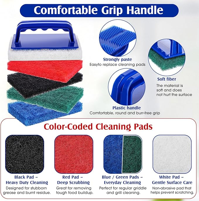 LemonRoad 12 Sets of Griddle Cleaning Kit, Heavy Duty Griddle Scrubber, Including Scouring Pads and Handles, Flat Top Grill Cleaning Scrubber Brush with Handle for Oven, BBQ, Cookware, Kitchen